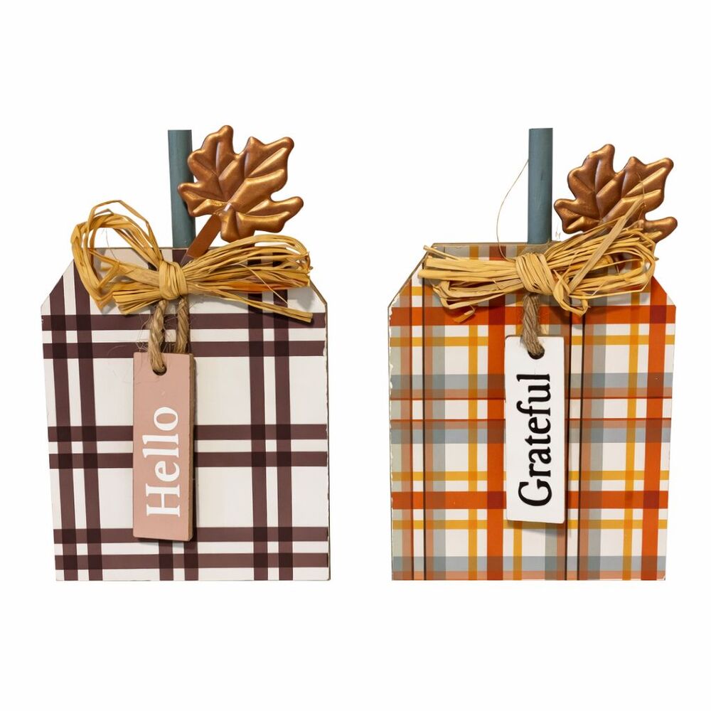 Grateful Hello Wooden Plaid Pumpkin Thanksgiving Holiday Fall Tabletop Decor NEW
